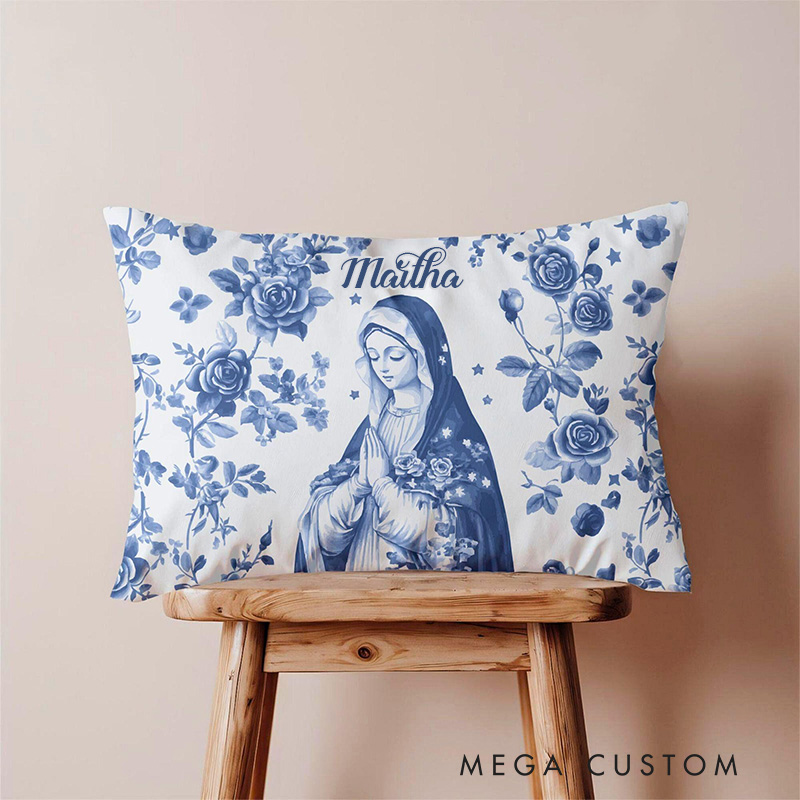 Personalized Virgin Mary Pillow with Name Religious Prayer Home Decor Blue Toile Style Catholic Lumbar Pillow Catholic Gifts for Women Mom