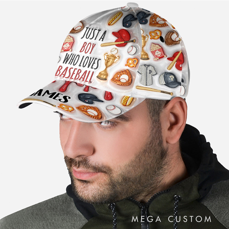 Personalized Baseball Cap with "Just a Boy Who Loves Baseball" Design and Custom Name