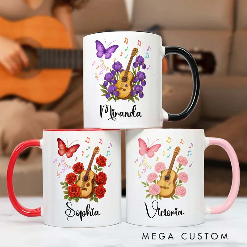 Personalized Guitar Birth Flower Butterfly Music Symbol 11 oz Ceramic Mug with Name Music Festivals Birthday Gift for Music Lovers