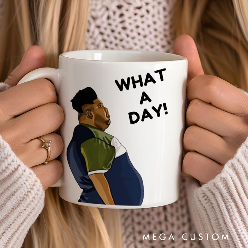 Personalized Humorous Daily Grind Mug with Playful Character Illustration and Lighthearted What a Day Message Mug