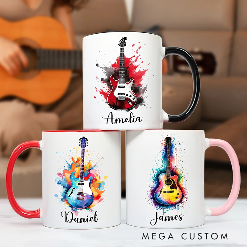 Personalized Colorful Splash Ink Guitar Theme 11oz Ceramic Mug with Name and Handle Birthday Gift for Guitar Players Lovers