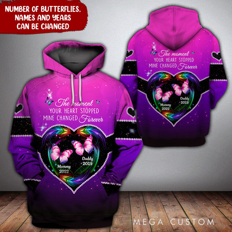 Personalized 3D All Over Print Hoodie The Moment Your Heart Stopped Mine Changed Forever Butterfly Feather Memorial Hoodie Sympathy Gift 