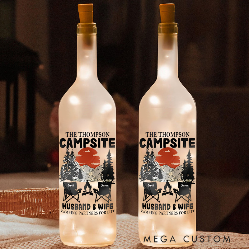 Personalized Bottle Lamp Husband & Wife Camping Partners Lighted Wine Bottle Lamp Gift for Couple Camping Lover
