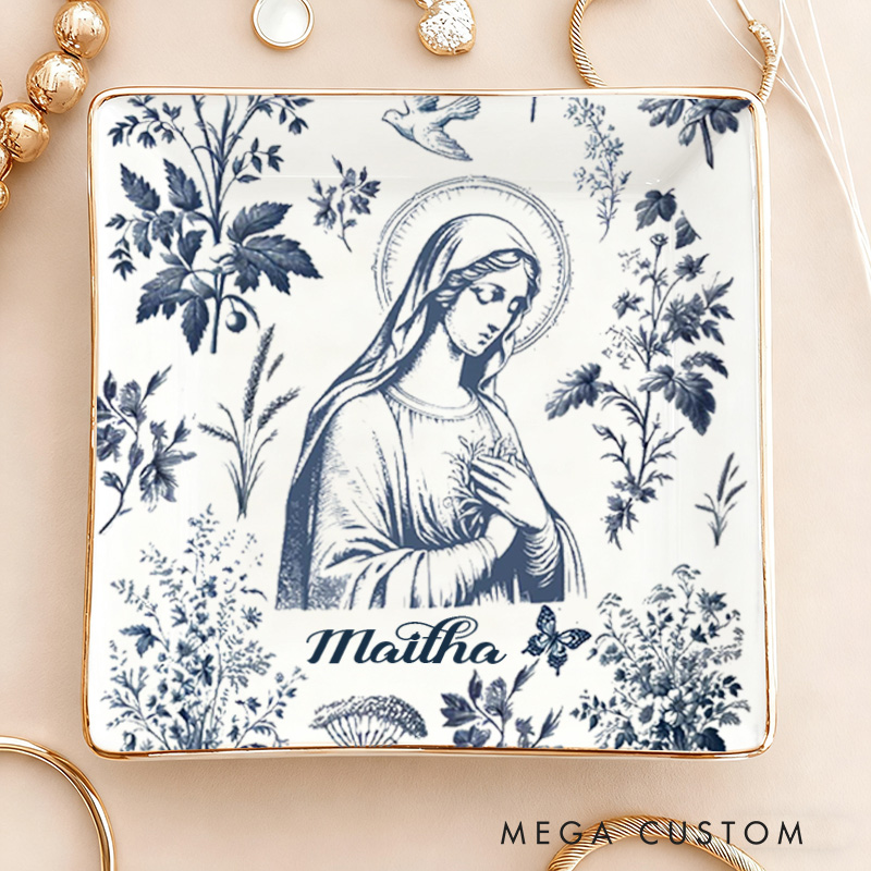 Personalized Catholic Virgin Mary Toile Ceramic Ring Dish with Name Our Lady Trinket Jewelry Dish Vintage Floral Marian Dish Christian Gift for Women
