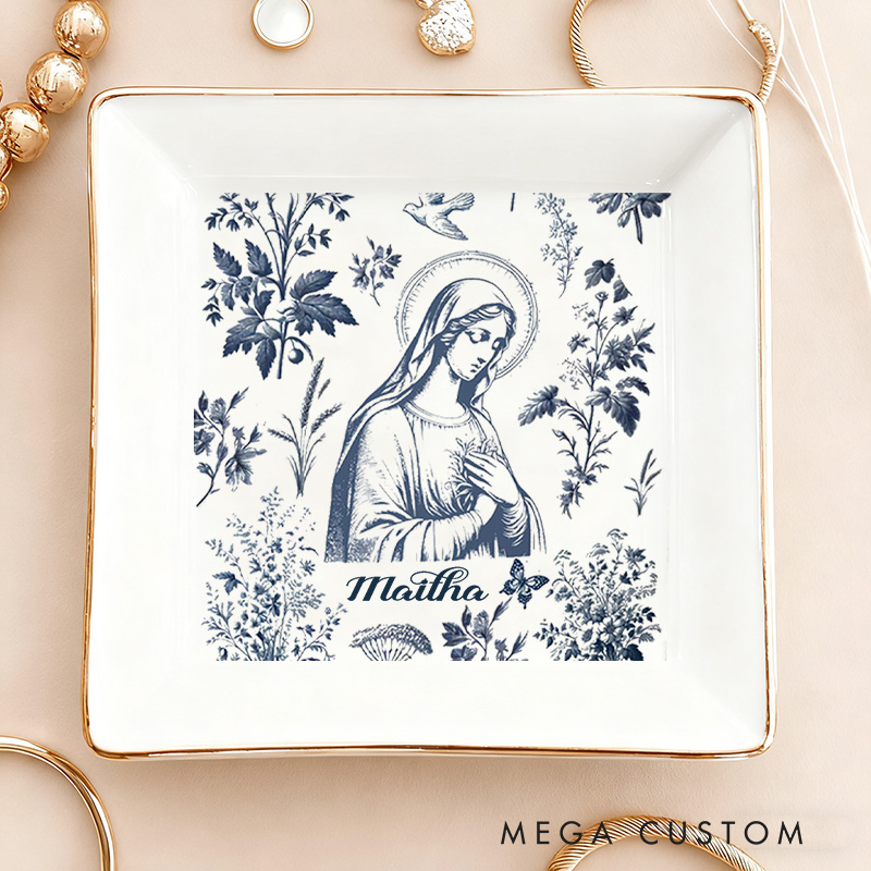 Personalized Catholic Virgin Mary Toile Ceramic Trinket Jewelry Dish with Name Our Lady Vintage Ring Dish Floral Marian Dish Christian Gift for Women