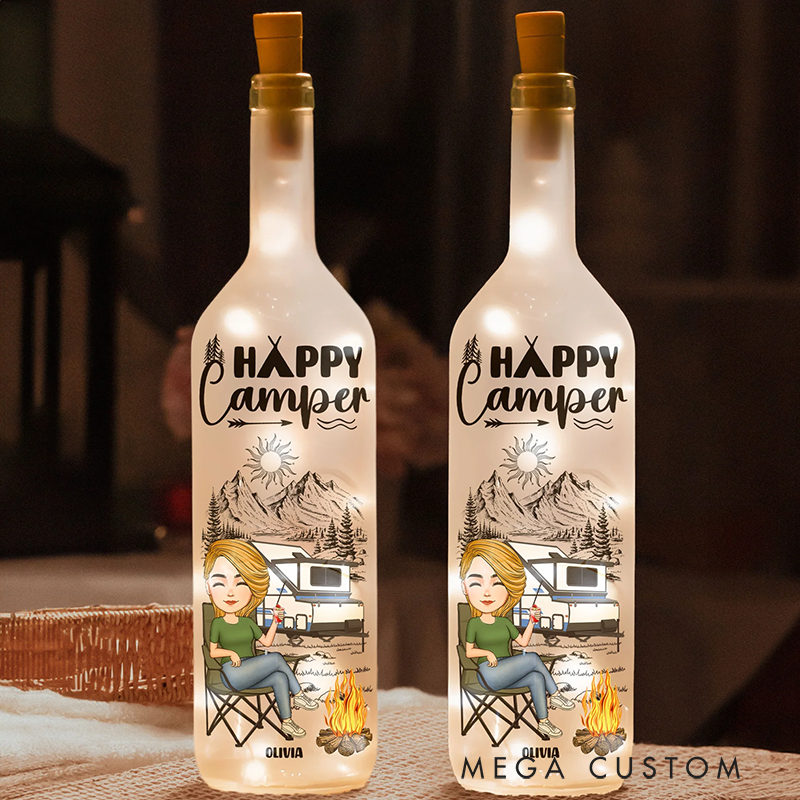 Personalized Happy Camper Bottle Lamp Gift for Friend Outdoors Camping Lover