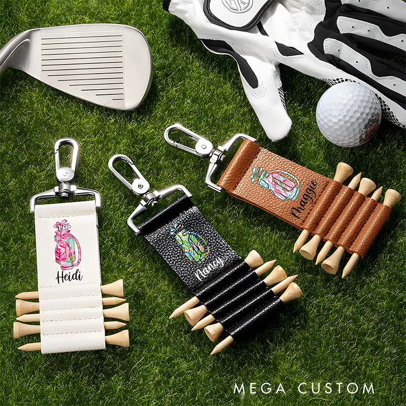 Personalized Golf Tee Holder Keychain with Custom Name and Colorful Golf Bag Design