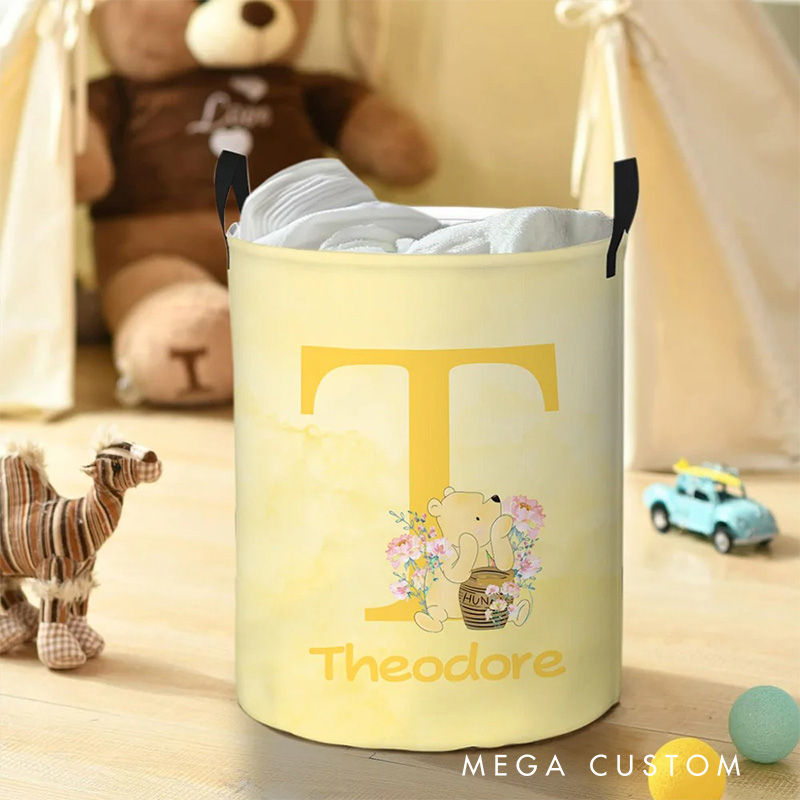 Personalized Cartoon Bear Initial Collapsible Storage Basket for Laundry Toys Organizer Cartoon Lover Gift for Kids