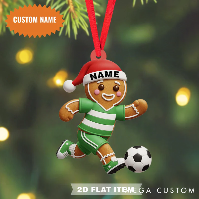 Personalized Gingerbread Soccer Player Christmas Ornament with Custom Name Festive Holiday Decoration for Soccer Fans