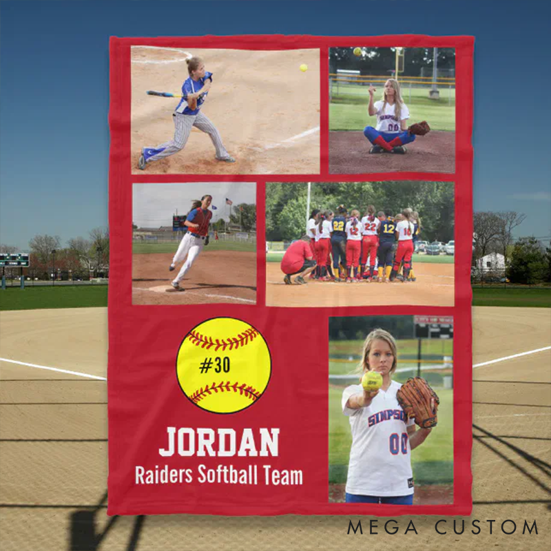 Personalized Softball Photo Blanket with Custom Name, Number, and Team – Perfect Gift for Softball Players and Fans
