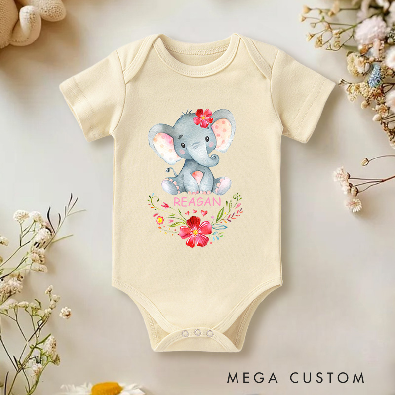 Personalized Adorable Floral Elephant Cute Watercolor Design with Flowers Perfect for Kids and Baby Onesie