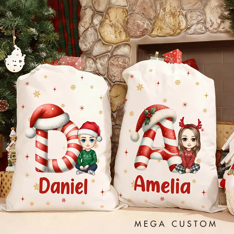 Personalized Santa Hat Initial Cartoon Character Canvas Drawstring Gift Bag with Name Christmas Gift