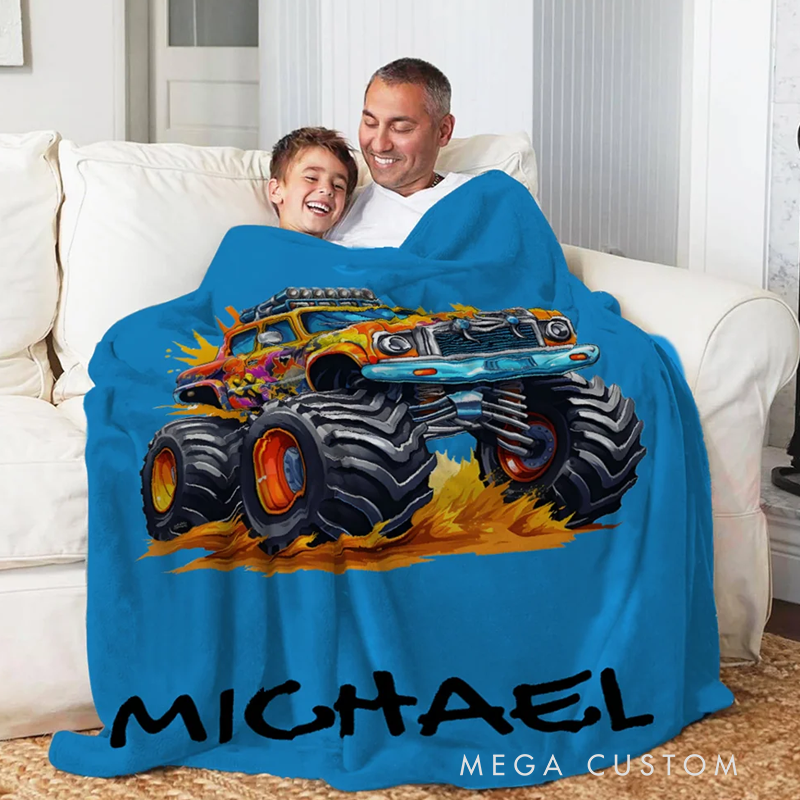 Personalized Big Wheel Off Road Truck Soft Throw Blanket with Name Home Decor Birthday Gift 