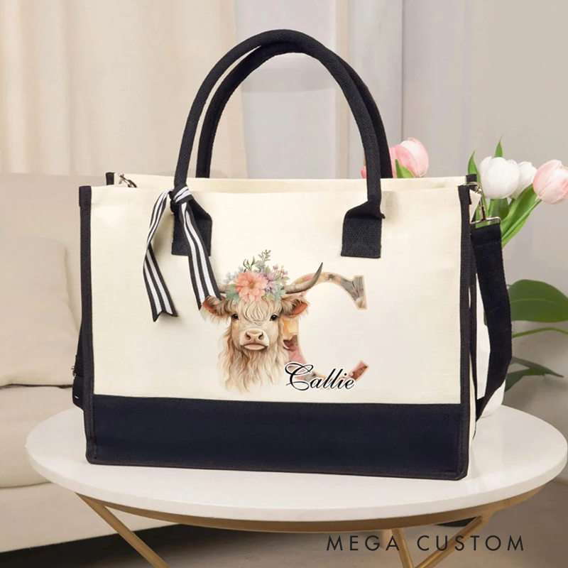 Personalized Flower Highland Cow Canvas Tote Bag with Name Birthday Christmas Gift 