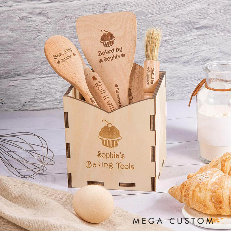 Personalized Wood Cooking Baking Tools with Name Set of 6 Kitchen Birthday Christmas Gift for Kids