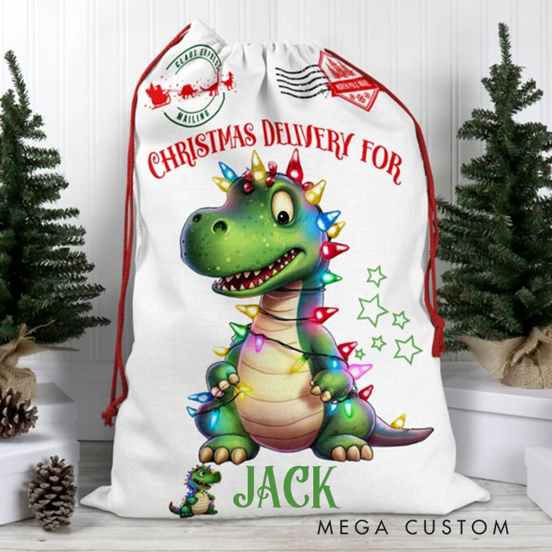 Personalized Dinosaur Delight Christmas Bag with Festive Lights and Custom Name for Joyful Holiday Surprises Christmas Bag
