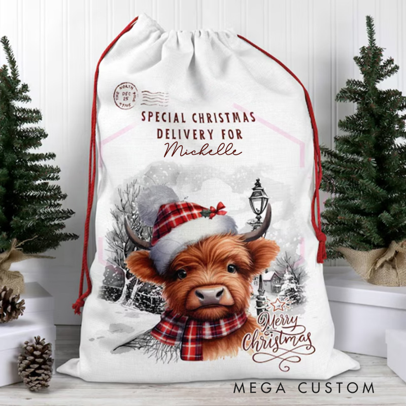 Personalized Highland Cow Christmas Bag with Cozy Winter Scene and Custom Name for Special Seasonal Gifts Christmas Bag
