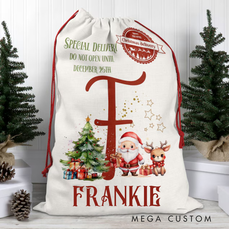Personalized Santa and Reindeer Christmas Bag with Festive Initial and Custom Name for Magical Holiday Deliveries Christmas Bag