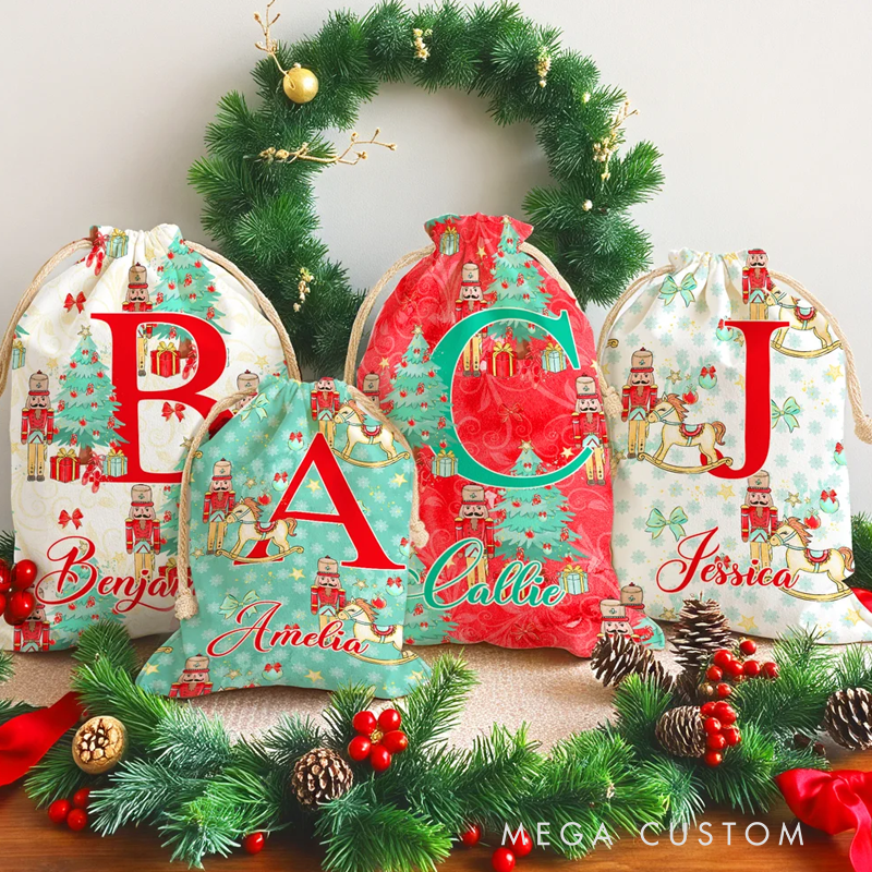 Personalized Christmas Tree Cartoon Nutcracker Canvas Drawstring Gift Bag with Name and Initial Christmas Gift 