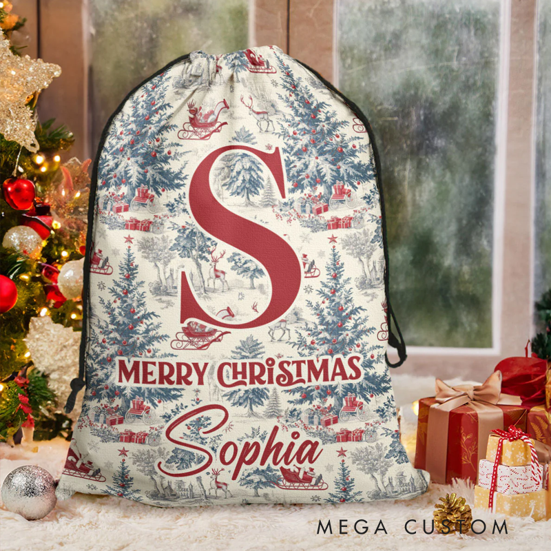 Personalized Christmas Toile De Jouy Monogram Letter Christmas Sack