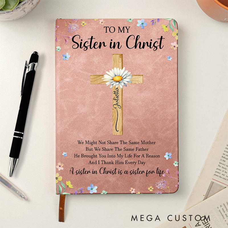 Personalized to My Sister in Christ Cross Prayer Journal Leather A5 Notebook with Name Name & Birth Flower Birthday Religious Gift for Women Christian