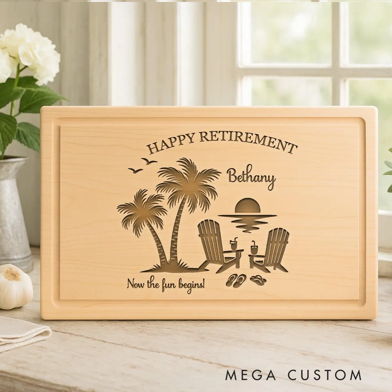 Personalized Retirement Cutting Board Custom Cutting Board Engraved Beach Scene Gift for Retirement Gift