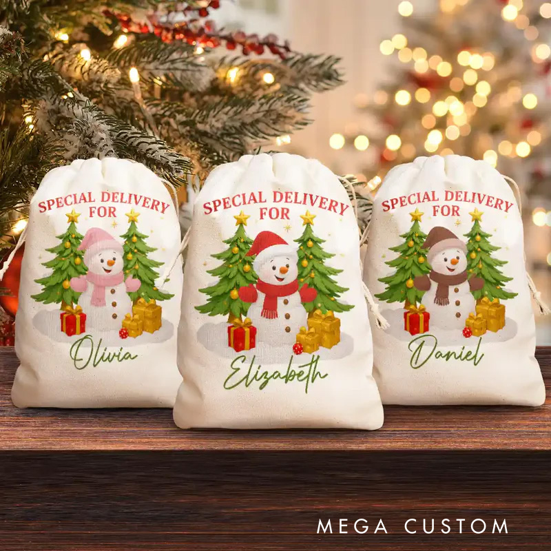 Personalized Snowman and Tree Christmas Bag with Custom Name for Heartwarming Holiday Gift Deliveries Christmas Bag