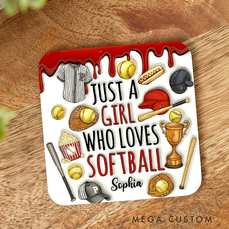 Personalized Softball Coaster with "Just a Girl Who Loves Softball" Design  and Custom Name