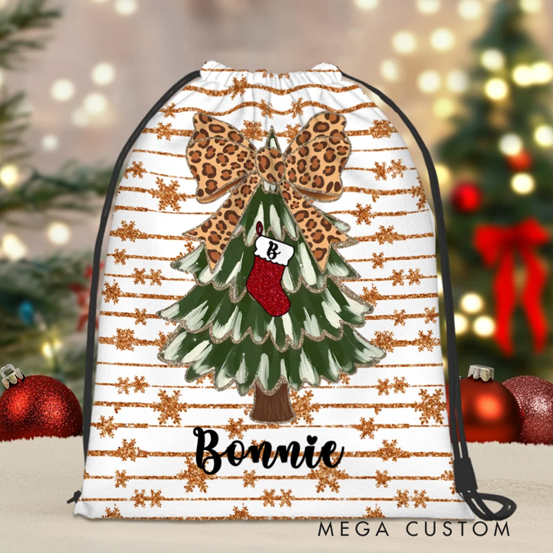 Personalized Coquette Bow Faux Glitter Christmas Tree Double-sided Printed Drawstring Gift Bag with Initial and Name Christmas Gift