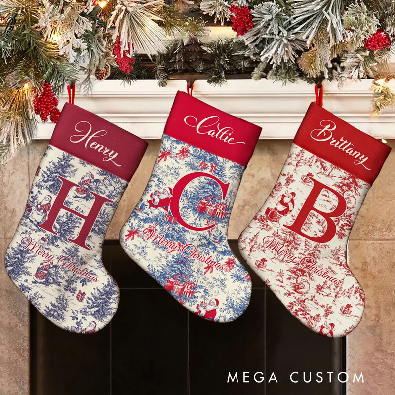 Personalized Toile De Jouy Style Santa Claus Initial Hanging Christmas Stocking with Name Home Decor Christmas Gift for Kid Family