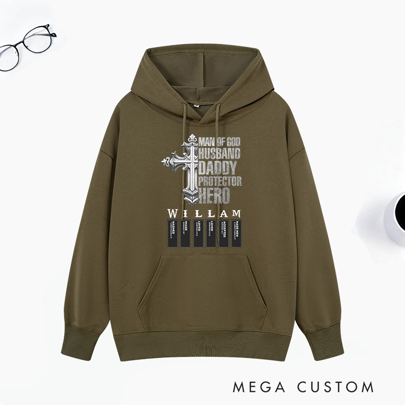 Personalized Man of God Husband Daddy Protector Hero Classic Hoodies with Name Unisex Hoodies Religious Gift for Christian Men