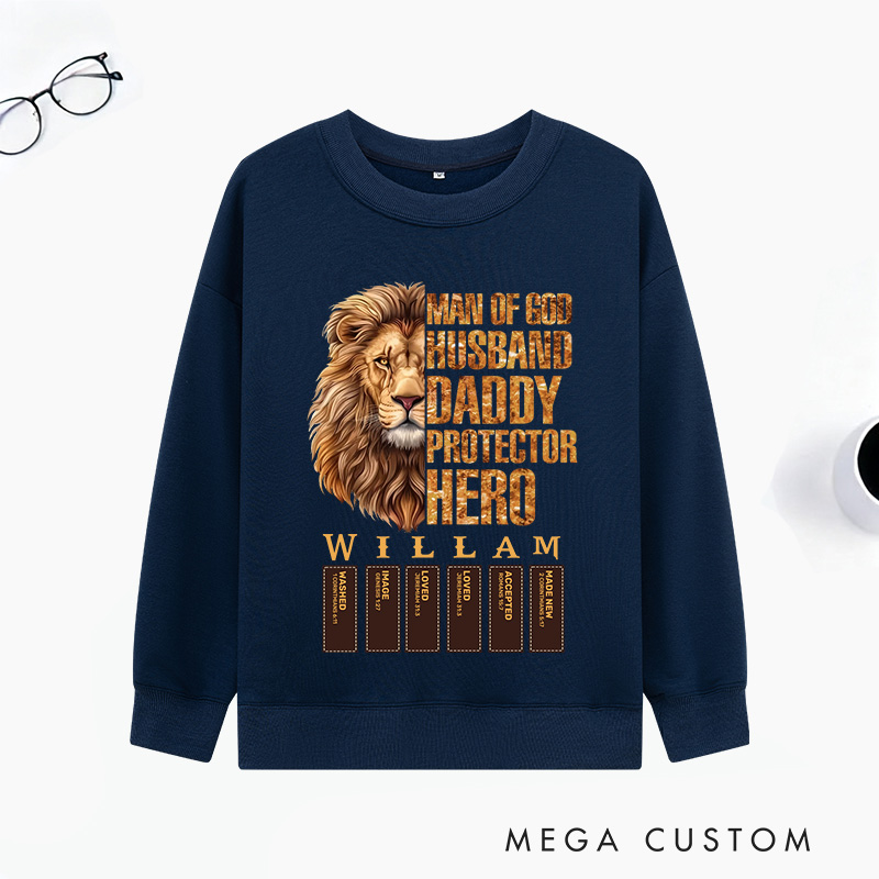 Personalized Man of God Husband Daddy Protector Hero Classic Sweatshirts with Name Unisex Sweatshirts Religious Gift for Christian Men