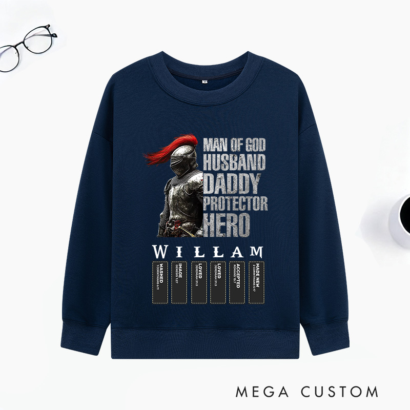 Personalized Man of God Husband Daddy Protector Hero Classic Sweatshirts with Name Unisex Sweatshirts Religious Gift for Christian Men