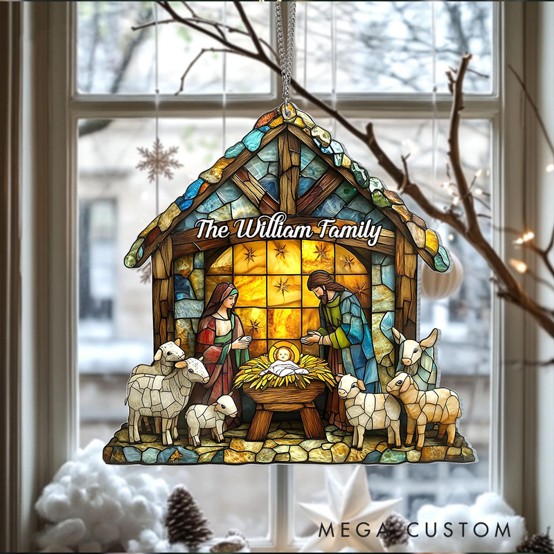 Personalized Nativity Scene Suncatcher Faux Stained Acrylic Ornament with Family Name Holiday Tree Decor Window Hanging Christmas Gift for Christian