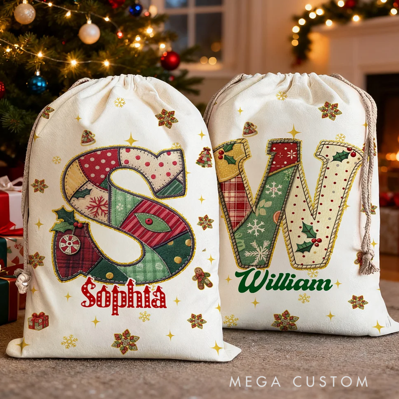 Personalized Christmas Tree Snowflake Initial Drawstring Canvas Gift Bag with Name Christmas Eve Party Favors for Kids