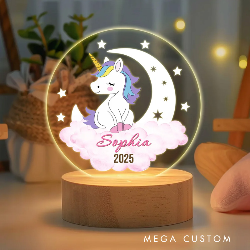 Personalized Dreamy Moon Forest Animal LED Night Light with Name Text and Wooden Base Nursery Room Decor Birthday Baby Shower Gift for Baby Kid