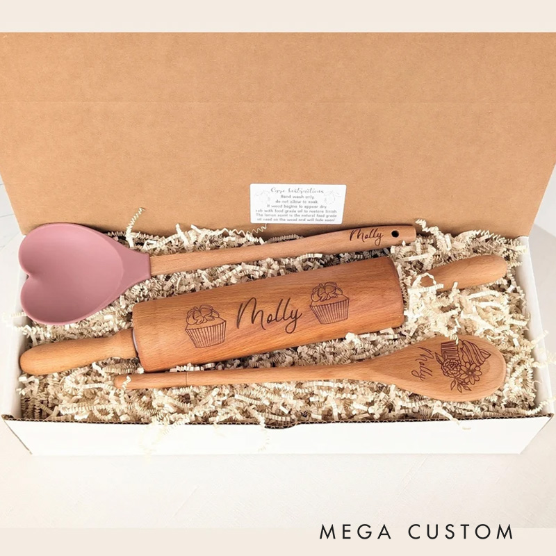 Personalized Rolling Pin and Spatula Baking Tools with Name Engraved Baking Gift Box Birthday Christmas Gift for Baker Baking Lover Gift