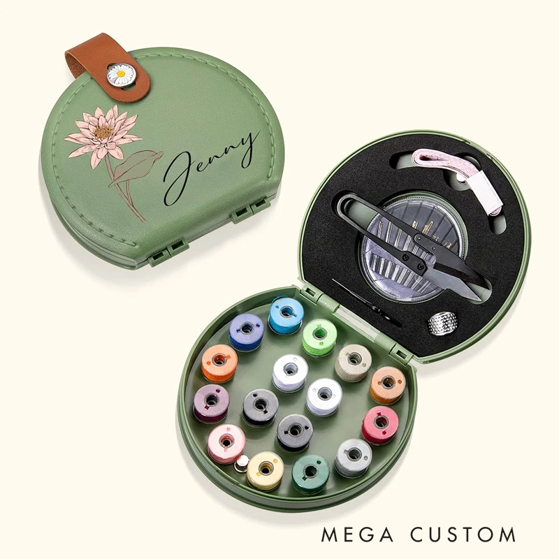 Personalized Birth Flower Portable Sewing Kit Set Storage Box with Name Birthday Gift for Tailor Lover