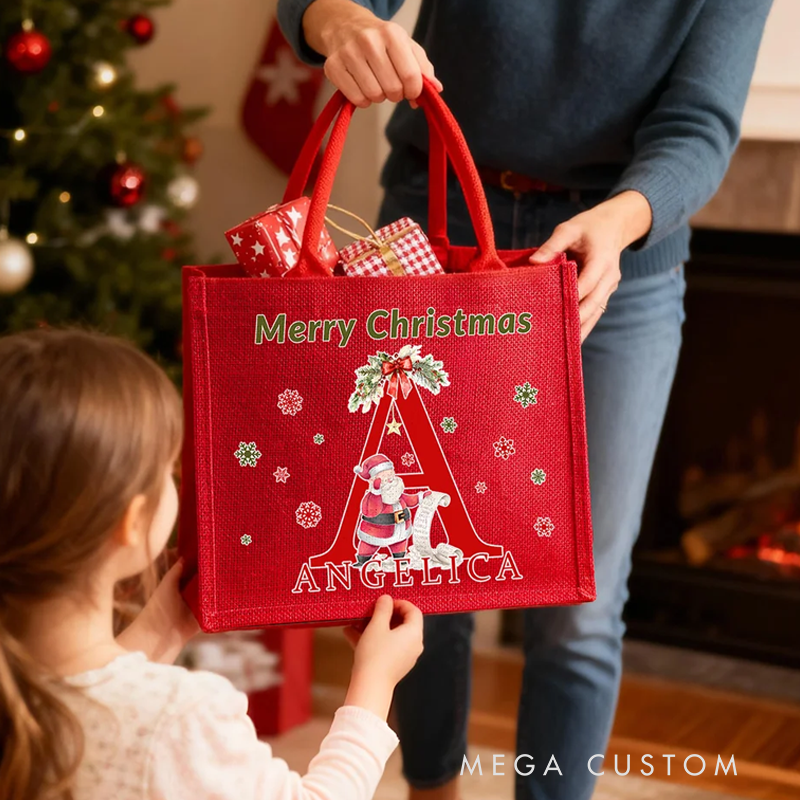 Personalized Santa Claus Reading Gift List Design Eco-Friendly Red Jute Bag with Name and Initial Daily Use Christmas Party Gift for Family Friends