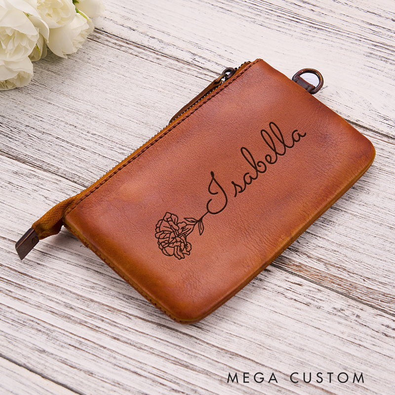 Personalized Birth Flower Leather Wallet Women Leather Wallet With Zipper Engraved Women Leather Wallet Leather Gift for Her Unique Gift for Her Birthday Gifts