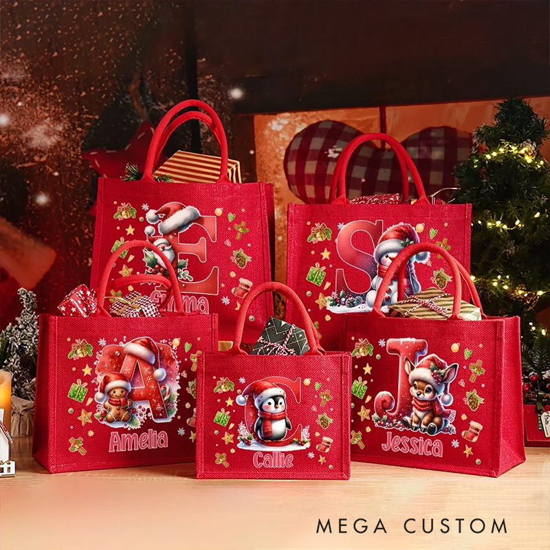 Personalized Cross Penguin Reindeer Gingerbread Man Reusable Red Jute Tote Gift Bag with Initial & Name Religious Christmas Party Gift for Family Kids