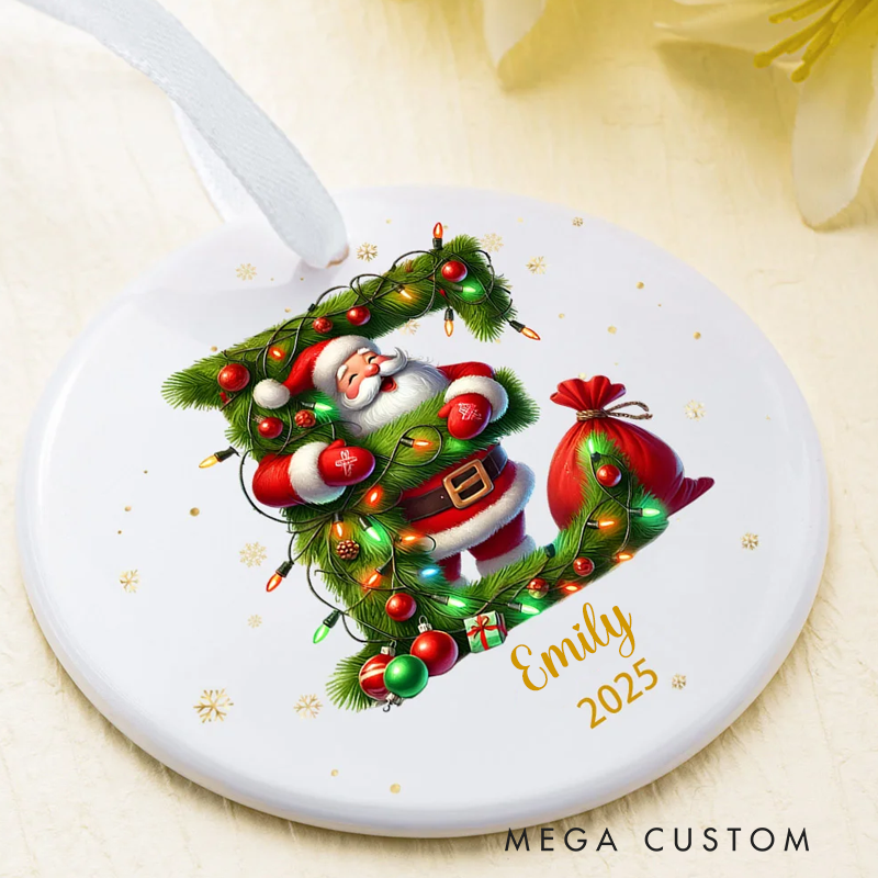 Personalized Santa Claus Woodland Initial Round Ceramic Ornament
