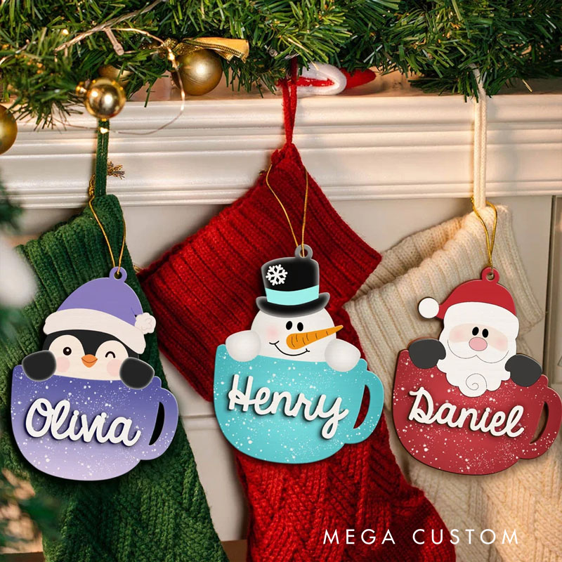 Personalized Festive Mug Christmas Ornament with Cute Characters and Custom Names for Joyful Holiday Decor Christmas Ornament