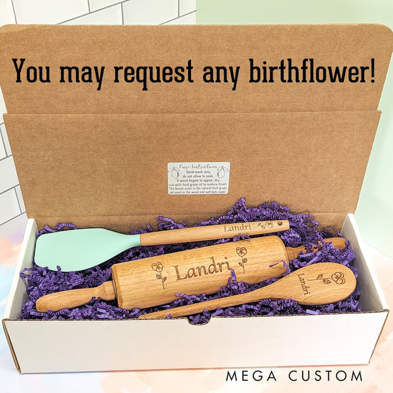 Personalized Rolling Pin and Spatula Baking Tools with Name Engraved Birth Month Flower Baking Gift Set Birthday Gift for Baker Baking Lover Gift