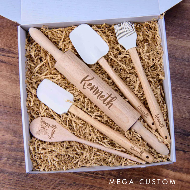 Personalized Rolling Pin, Wooden Spoon and Spatula Gift Box for Bakers Birthday Gift, Beechwood Baking Tool For Grandma with Name Baking Lover Gift