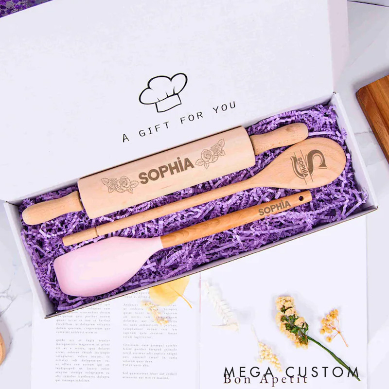 Personalized Rolling Pin, Spoon and Spatula Set with Name Engraved Kitchen Cooking Utensils Set for Mum Birthday Gift for Bakers Baking Lover Gift