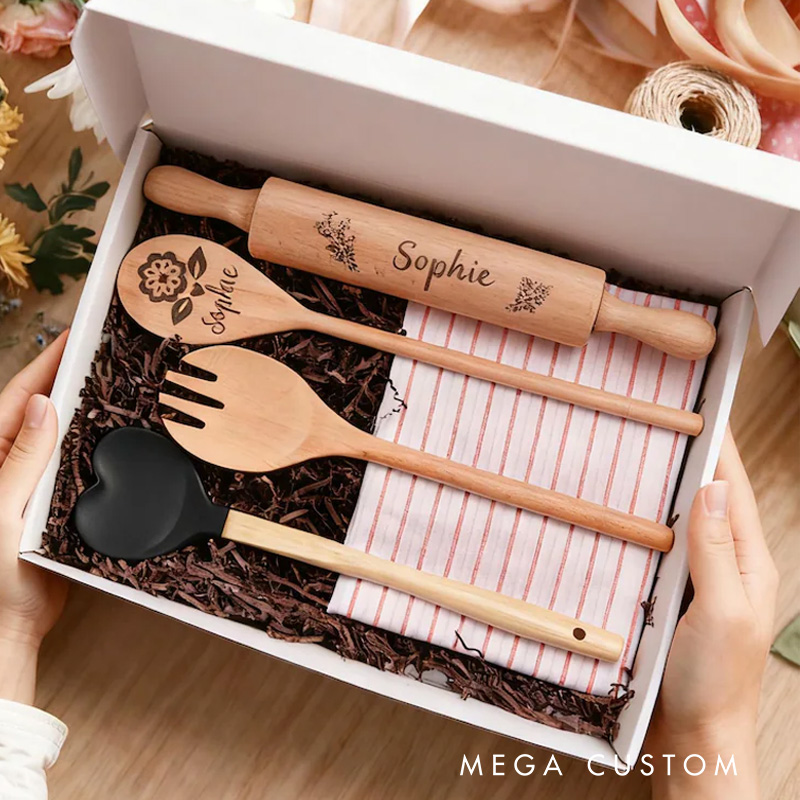 Personalized Silicone Baking Gift Box with Name Engraved Wooden Spoon and Spatula Set Home Baking Set for Baker Cooking Lover Baking Lover Gift