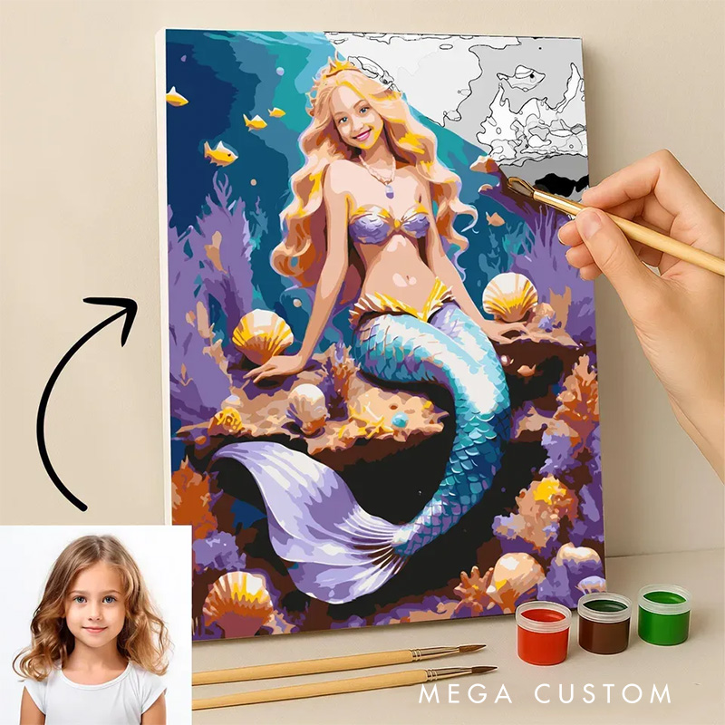 Personalized Ocean Princess Paint by Numbers Painting Upload Your Photo for Art Lovers Cartoon Lovers Painting Gift for Kids Birthday