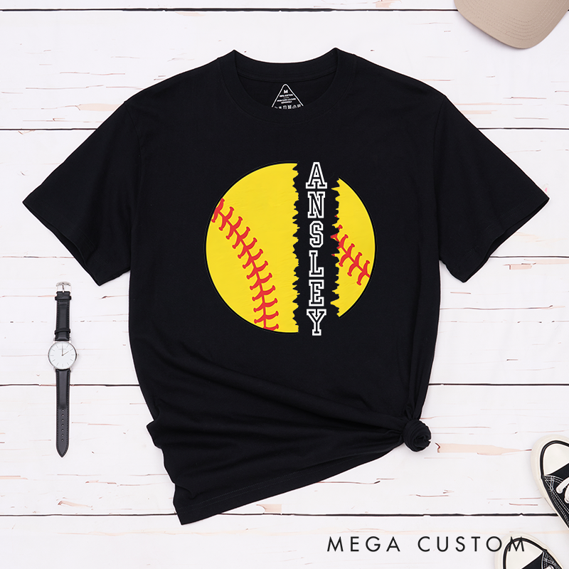 Personalized Softball T-Shirt Design Featuring Torn Softball Graphic and Customizable Vertical Name Text for a Bold and Unique Look