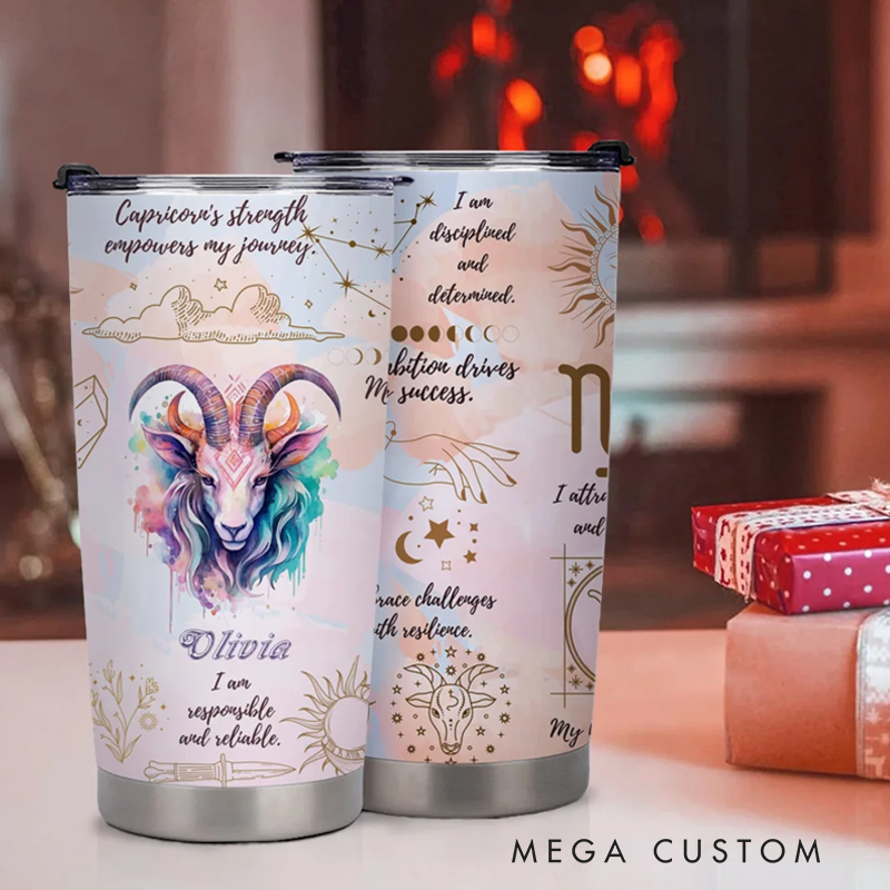 Personalized Zodiac Sign Constellation 20oz Tumbler Affirmation Coffee Cup with Name Birthday Astrology Gift for Family Friend